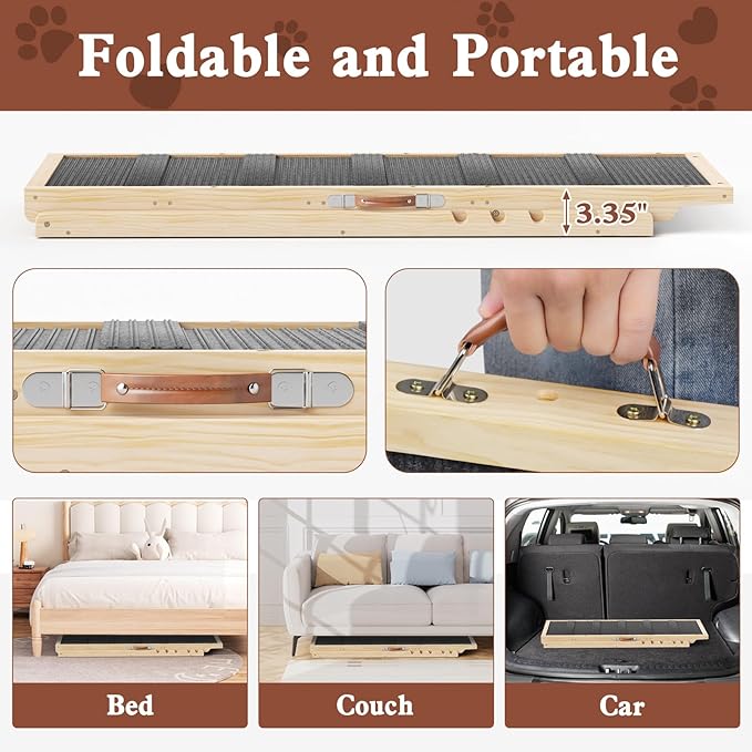 Dog Ramp for High Bed, Couch, Car, Pet Ramps 55.12" Long Adjustable 19.7"-27.6" Wooden Dog Step with High Traction Mat &amp; Safety Side Rails for Small Medium Large Older Pets, up to 250 lbs