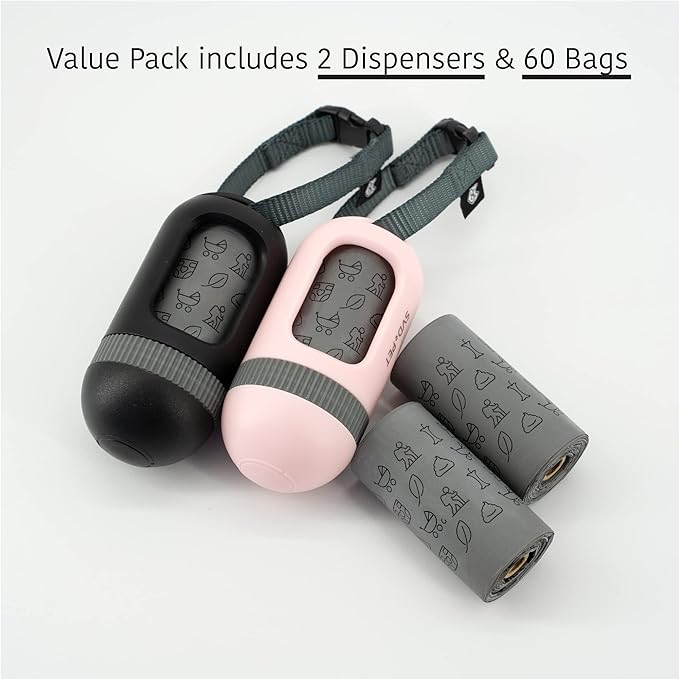 SVD.PET [2-Pack] Retractable Waste Bag Dispensers Gift Set, 2 Pet Waste Bag Holders with 60 large Waste Bags, Dog Walking Accessory Gift Value Pack (Black &amp; Primrose Pink)