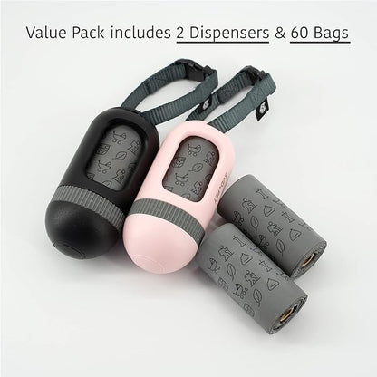 SVD.PET [2-Pack] Retractable Waste Bag Dispensers Gift Set, 2 Pet Waste Bag Holders with 60 large Waste Bags, Dog Walking Accessory Gift Value Pack (Black &amp; Primrose Pink)