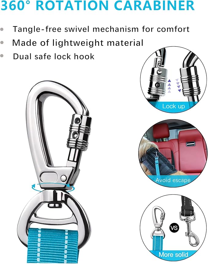 AUBELL Dog Seat Belt for Car,2 Pack Set 3-in-1 Adjustable Reflective Bungee Heavy Duty Dog Car Harness Tether with Clip Hook Latch &amp; Buckle,Swivel Zinc Alloy Carabiner,Black+Blue