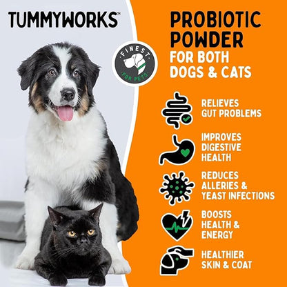 TummyWorks Probiotic Powder for Dogs &amp; Cats. Probiotics For Digestive Health, Immune Support, Diarrhea, Gas, Itching &amp; Seasonal Allergies. With Digestive Enzymes &amp; Prebiotics. Made in USA - 160 Scoops
