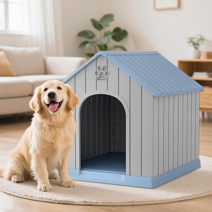 Large Outdoor Plastic Dog House - Indoor Outdoor Use for Medium &amp; Large Dogs, Durable Waterproof Doghouse with Air Vents, Elevated Floor, Easy to Clean &amp; Assemble(Blue2, 36.2&