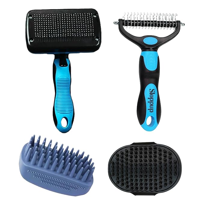 Dog Brush Kit for Grooming Short &amp; Long Haired Dogs &amp; Cats, 4-in-1 Pet Grooming Set with Self-Cleaning Slicker Brush, Deshedding Tool, Shampoo Bath Comb, Massge Comb (Blue Black)