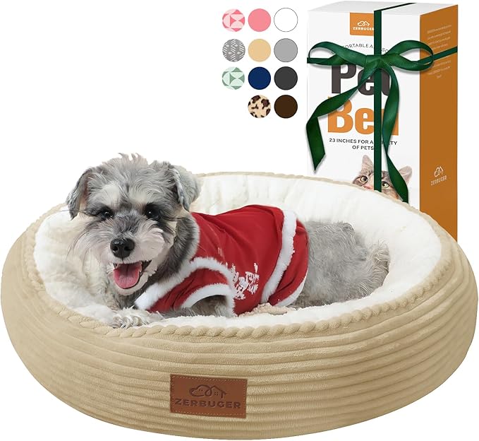 Cat Bed, 20In Dog Beds for Small Dogs, Calming Cat &amp; Dog Beds for Indoor Pets, Pet Beds Comfortable Donut Round Ultra Soft (Camel, 23" L x 23" W x 6.5" Th)