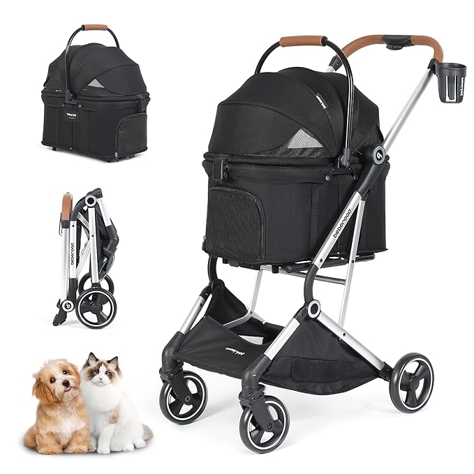 T3 Pro 3-in-1 Small Pet Stroller for Dog &amp; Cats, 4 Wheels with Detachable Carrier with Pad, Canopy and Cup Holder (Black)