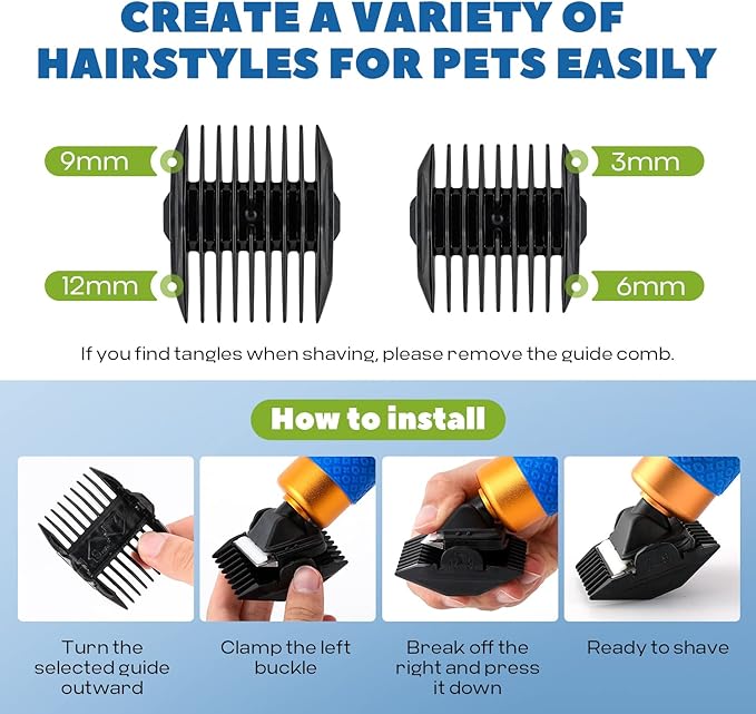 Pet Grooming Clippers 200W, Plug-in with 3m Power Cord &amp; Stepless Speed Control, Low Noise < 50db, Heavy-Duty Dog Hair Trimmer Kit with Extra Detachable Blade &amp; 2 Limit Combs of 4 Sizes