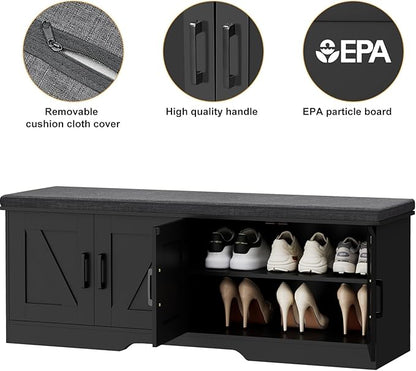 2-Tier Storage Bench, Shoe Bench with Padded Seat Cushion, Entryway Bench with 4 Barn Doors, Adjustable Shelf, 13.8" D x 47.2" W x 17.7" H, for Entryway, Living Room, Bedroom, Black