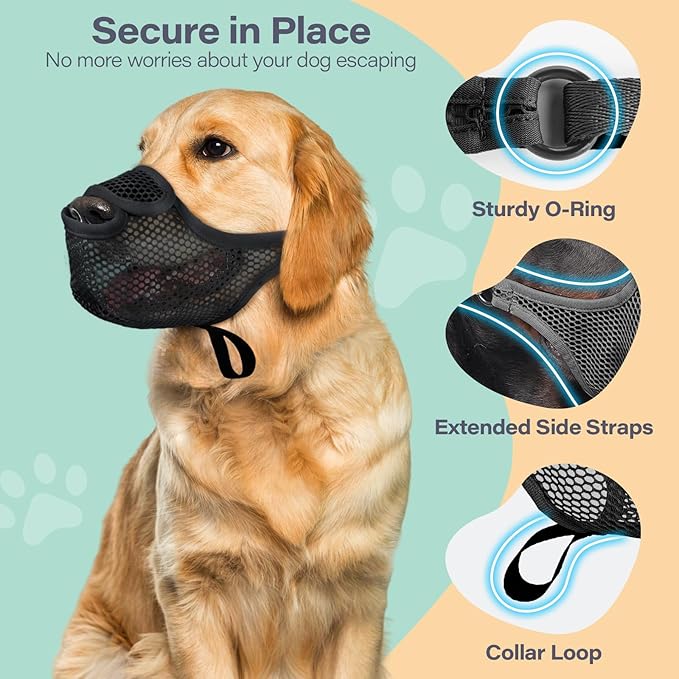 LUCKYPAW Dog Muzzle for Large Medium Small Dogs, Patented Mesh Muzzle to Prevent Biting Chewing Eating, Soft Mouth Guard with Front Opening Design for Drinking Panting(Black, S)