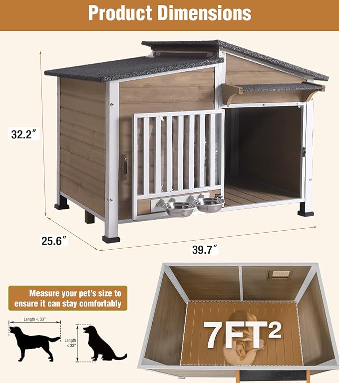 GUTINNEEN Dog House Outdoor with Anti-Chewing Metal Frame, Wooden Dog Kennel with 360° Rotating Feeding Bowl, Weatherproof Roof, for Indoor &amp; Outdoor Use - Brown