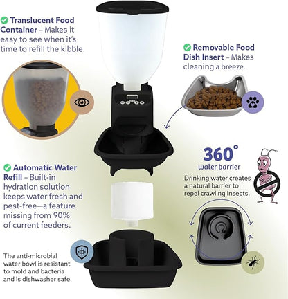Automatic Dog &amp; Cat Food Feeder with Water Dispenser – Smart Pet Feeder with Portion Control, OLED Display, Anti Jam Design, Battery Operated Dispenser for Small Pets - Black