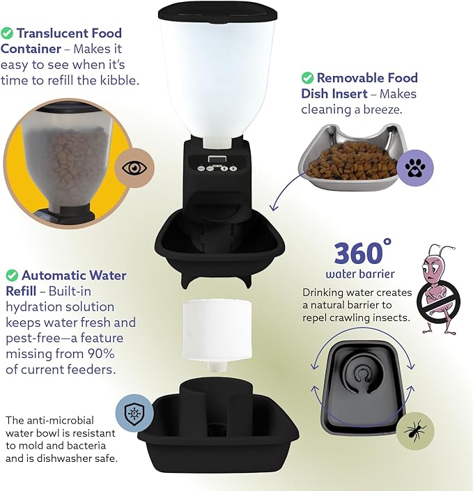 Automatic Dog &amp; Cat Food Feeder with Water Dispenser – Smart Pet Feeder with Portion Control, OLED Display, Anti Jam Design, Battery Operated Dispenser for Medium/Large Pets - Black