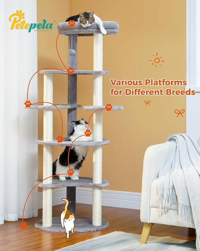 PETEPELA 61" Cat Tree for Indoor Cats, [6-Levels] Cat Climbing Tower with 9 Sisal Scratching Posts and Replaceable Dangling Ball &amp;Top Perch, Grey