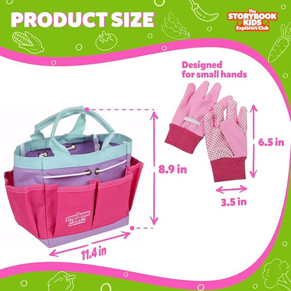 Pink Kids Gardening Tools - includes Sturdy Tote Bag, Watering Can, Gloves, Shovels, Garden Stakes, and a Delightful Children&