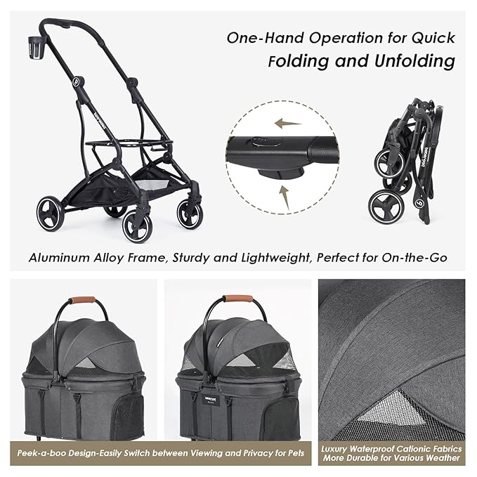 T3 Foldable Pet Stroller for Small Dogs &amp; Cats – 3-in-1 Lightweight Design, 180° Canopy &amp; Detachable Carrier (Black)