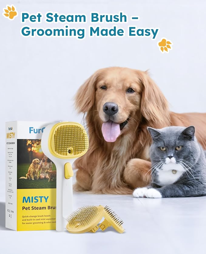 FURGO 3-in-1 Pet Steam Brush for Dogs &amp; Cats – Reduces Static, Replaceable Heads, One-Touch Hair Ejection, Dog Spray Brush for Shedding Control(Long&amp;Short)