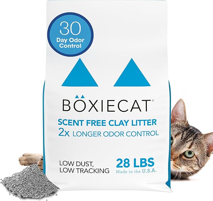 Boxie® Unscented 30 Day Odour Control Clumping Clay Cat &amp; Kitty Litter 28 lb, 99.9% Dust-Free, Hard Flat Top® Clumps, No Fragrances No Fillers, Long-Lasting, Easy to Scoop
