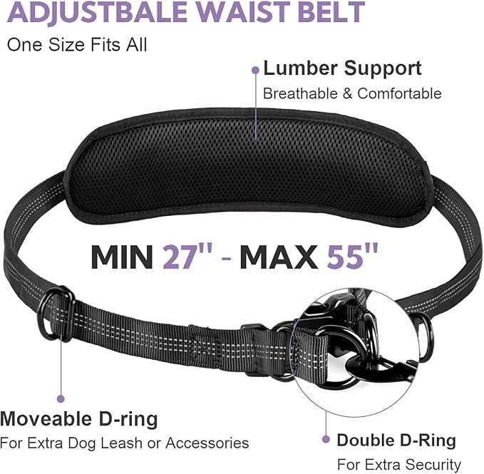 Hands Free Dog Leash, Shcok Abosoring Bungee with Double Padded Handles, Waist Leash for Dog Walking, Dog Leash with Bungee for Medium &amp; Large Dog, Dog Walking Accessories, Black Purple