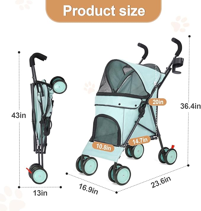 Umbrella Dog Stroller, 4 Wheels Pet Strolling, Foldable Carrier Pet Stroller for Small Dogs Cats, with Carrying Strap and Cup Holder, Dog Poop Bags &amp; Dispenser, Up to 33 lbs, Cyan