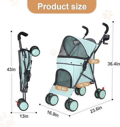 Umbrella Dog Stroller, 4 Wheels Pet Strolling, Foldable Carrier Pet Stroller for Small Dogs Cats, with Carrying Strap and Cup Holder, Dog Poop Bags &amp; Dispenser, Up to 33 lbs, Cyan