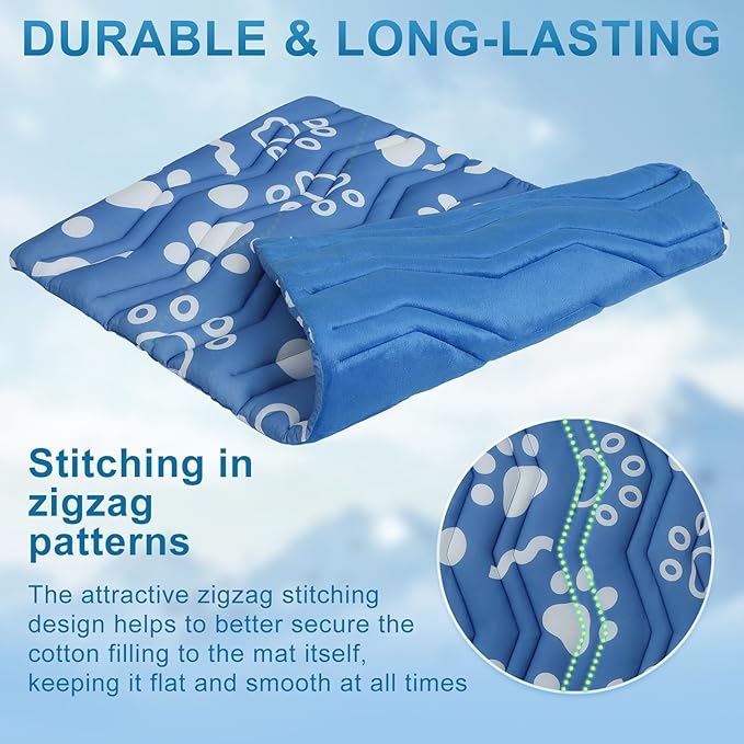 BEAUTYZOO Dog Cooling Mat- Upgraded Thicken Cooling Mat for Large Dogs Reversible(Cool &amp; Warm) Pet Ice Cool Bed Washable &amp; Portable, Summer Crate Pad for Big Dog Puppy Up to 100 lbs, Paw Blue 59X40IN