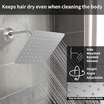 Shower System Brushed Nickel Shower Faucet Set with 12 Inch Ceiling Mounted and 8 Inch Wall Mounted Dual Shower Head and Handle Set with Temperature Display Function