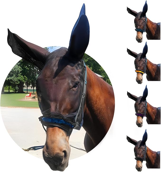 Donkey Fly Mask with Long Ears (Blue) Half Hoodie for Standard Donkey, Made in USA - Mule Fly Mask with Ears Protection from Insects and Bugs, Face Cover Soft Mesh Fabric with Adjustable Fastener