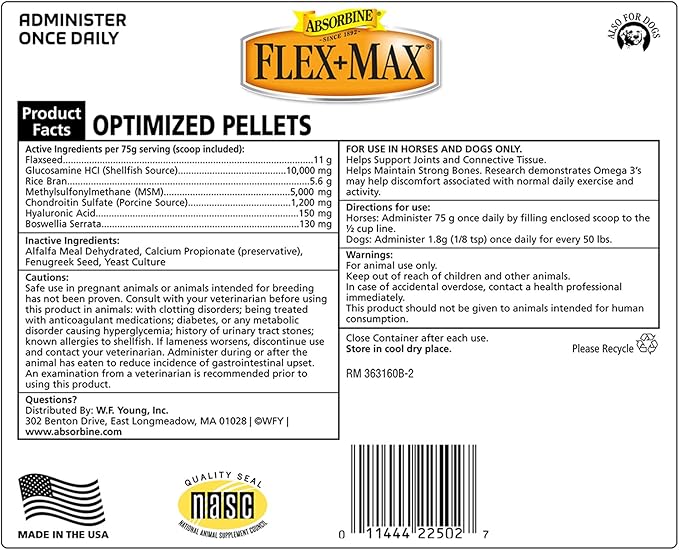 Absorbine Flex+Max Horse Joint Supplement Pellets, Highly Palatable, Comprehensive Equine Formula with Glucosamine, MSM, Chondroitin &amp; Flaxseed, 10lb Tub / 60 Day Supply