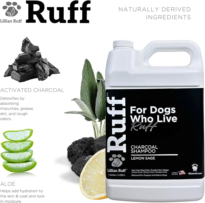 Ruff by Lillian Ruff Activated Charcoal Pet Shampoo – Lemon Sage – Deep Cleanser, Deodorizer &amp; Stain Remover – Hydrates Dry Itchy Skin – Puppy &amp; Dog Safe – USA Made (Gallon Pump)