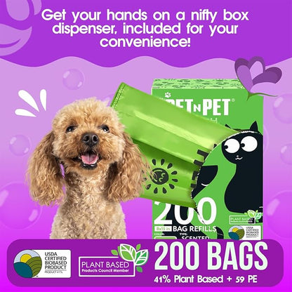 Pet N Pet 200 Counts Lavender Scented Dog Poop Bags Rolls with Tie Handles, 38% Plant Based &amp; 62% PE Poop Bags for Dogs, Extra-Thick Doggie Poo Bag, Pet Waste Bag
