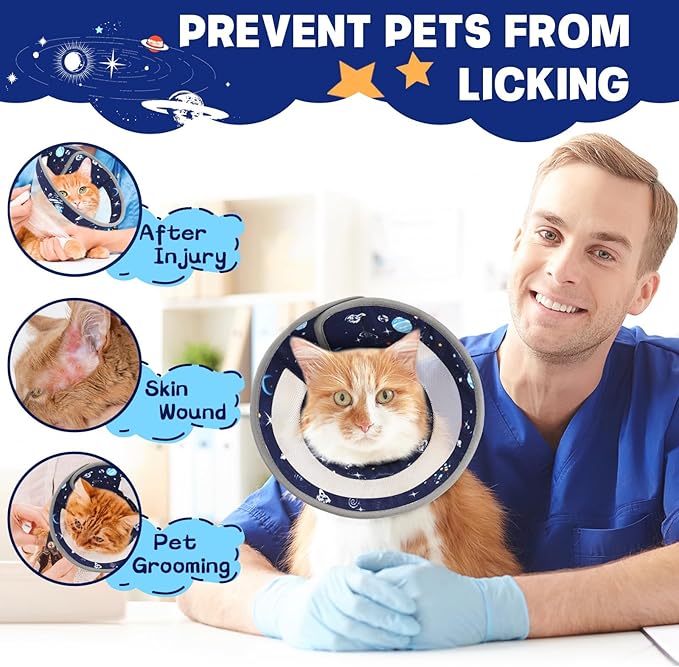 Breathable Air Mesh Cat Cone Collar Soft - Adjustable Recovery Collar to Stop Licking After Surgery, Foldable Lightweight E-Collar for Cats &amp; Kittens (Sky Star, S)