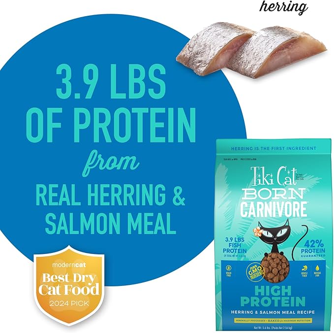 Tiki Cat Born Carnivore High Protein Dry Cat Food, Herring &amp; Salmon Meal, 5.6 lbs. Bag