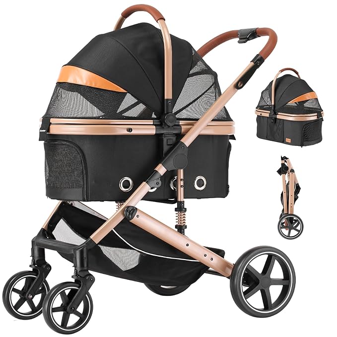 EchoSmile 4 in 1 Pet Stroller, Folding Lightweight Cat &amp; Dog Stroller with Detachable Carrier, NO-Zip 180° Reversible Canopy, All Terrain 4-Wheel,45 lbs Capacity for Small to Medium Dogs