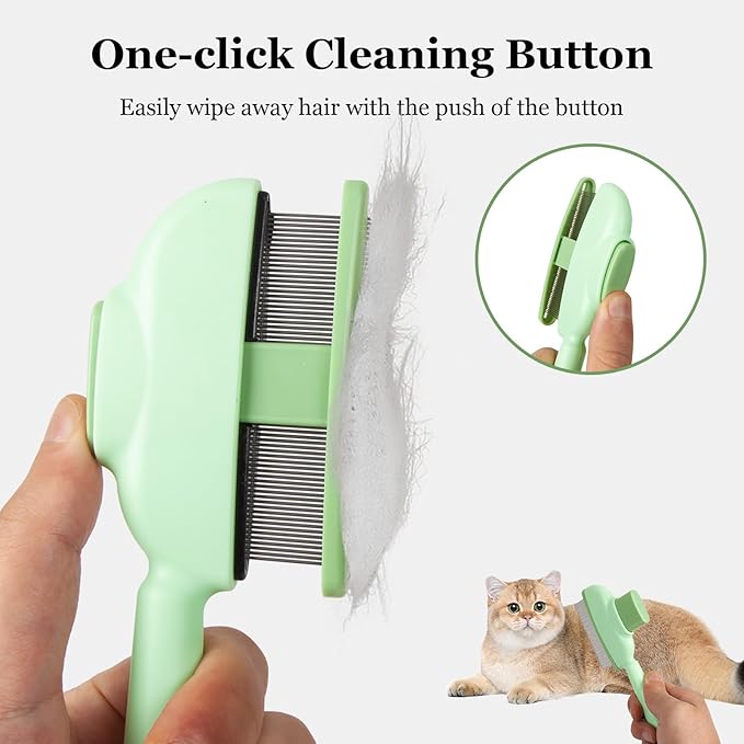 Pet Comb for Cats &amp; Dogs, One-Touch Hair Release Button, Dense-Tooth &amp; Mixed-Length Teeth 2-Piece Set, for Long &amp; Short Hair, Gentle Pain-Free Design (Green)