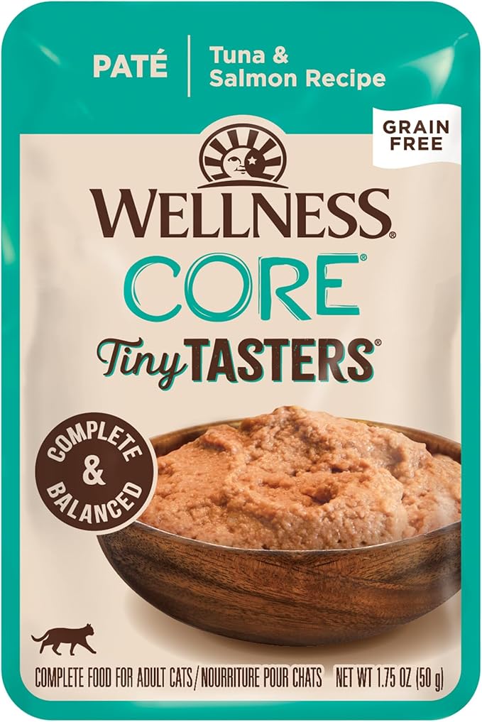 Wellness CORE Tiny Tasters Wet Cat Food, Complete &amp; Balanced Natural Pet Food, Made with Real Meat, 1.75-Ounce Pouch, 12 Pack (Adult Cat, Tuna &amp; Salmon Pate)