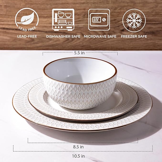 GBHOME Ceramic Dinnerware Sets,12 pcs Embossed Elegant Stoneware Plates and Bowls Sets, Housewarming Wedding Gift | Dishwasher &amp; Microwave Safe | Dishes Set Service for 4