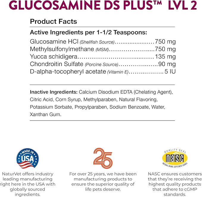 NaturVet Glucosamine DS Plus Hip &amp; Joint Support Liquid Pet Supplement – Level 2 Moderate Care for Dogs &amp; Cats – Includes Glucosamine, MSM, Chondroitin – 16 Oz