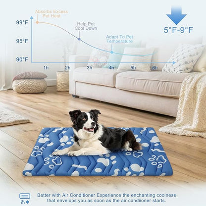 BEAUTYZOO Dog Cooling Mat- Upgraded Thicken Cooling Mat for Large Dogs Reversible(Cool &amp; Warm) Pet Ice Cool Bed Washable &amp; Portable, Summer Crate Pad for Big Dog Puppy Up to 44 lbs, Paw Blue 36X23IN
