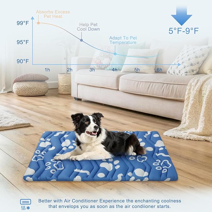 BEAUTYZOO Dog Cooling Mat- Upgraded Thicken Cooling Mat for Large Dogs Reversible(Cool &amp; Warm) Pet Ice Cool Bed Washable &amp; Portable, Summer Crate Pad for Big Dog Puppy Up to 100 lbs, Paw Blue 59X40IN