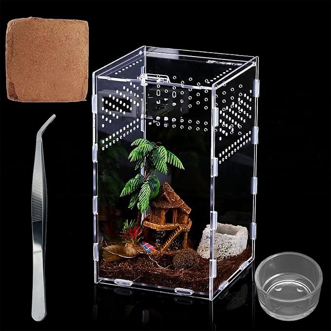 Micro Habitat Terrarium Kit (4pc Set) - Acrylic Reptile &amp; Spider Enclosure (4.7 * 4.7 * 8 Inches)