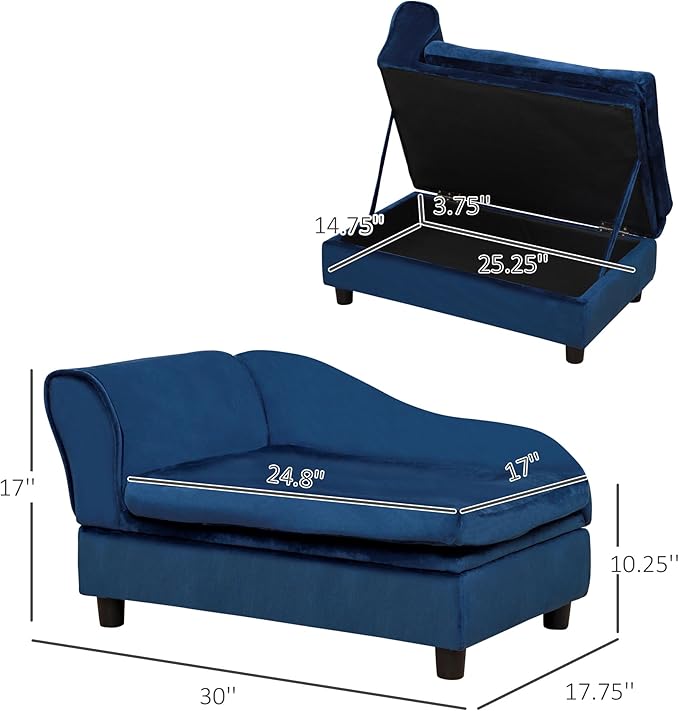 PawHut Luxury Fancy Dog Couch with Hidden Storage, Small Dog Sofa Bed with 2" Soft Foam, Modern Pet Furniture for Puppies &amp; Little Breeds, Blue