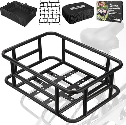 RAYMACE Rear Rack Bike Basket with Cargo Net and Liner Large Bicycle Basket Perfect Mount for Electric Bike