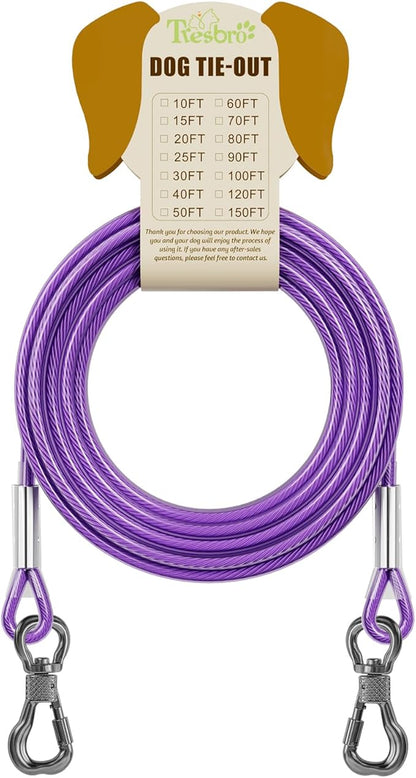 Tresbro 80FT Reflective Tie Out Cable for Dogs Up to 250 Pounds, Steel Wire Lead Leash Cable with Stainless Rotatable Buckle, Lightweight and Enduring, Dog Chains Outside for Outdoor, Yard, Purple