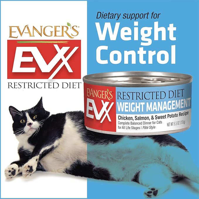 Evanger’s EVX Restricted Diet Weight Management Canned Cat Food – 24 Count, 5.5 oz Cans Each – Chicken, Salmon &amp; Sweet Potato Recipe – Grain Free, Limited Ingredients, Pâté Style