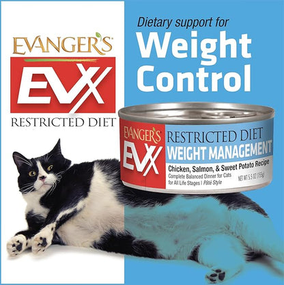 Evanger’s EVX Restricted Diet Weight Management Canned Cat Food – 24 Count, 5.5 oz Cans Each – Chicken, Salmon &amp; Sweet Potato Recipe – Grain Free, Limited Ingredients, Pâté Style