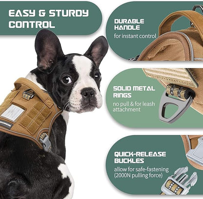 BUMBIN Dog Harness, Tactical XS, Brown, No Pull, Adjustable, Reflective, Soft Cotton, for Small Dogs Training, Fit Smart
