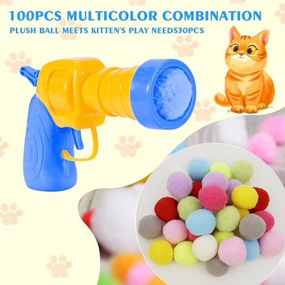 Mewlmart Interactive Cat Toys - Indoor Cat Enrichment with Launchers, Pom Pom &amp; Puff Balls (100 Balls)