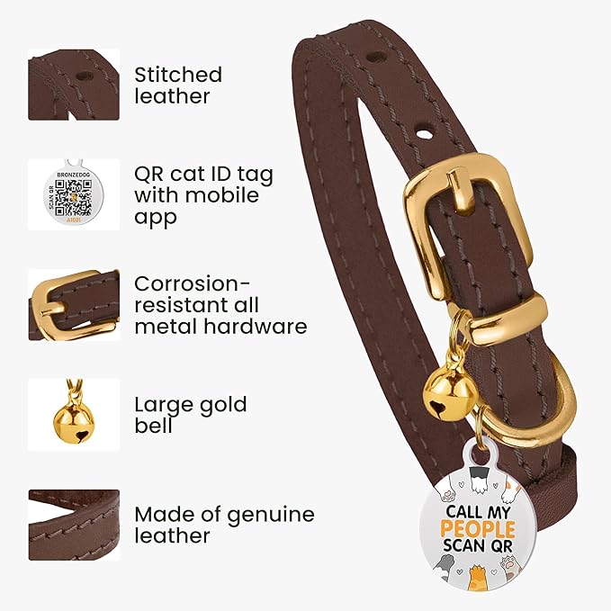 BRONZEDOG Leather Cat Collar with Removable Bells Non Breakaway Kitten QR Tag for Girl Boy (9" - 12" Cats/Mini Dogs, Dark Brown &amp; Gold)
