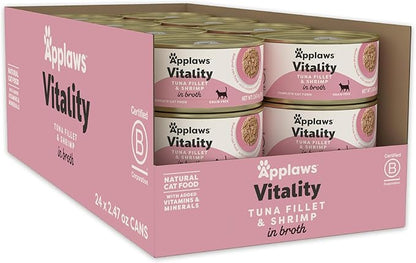Applaws Vitality Wet Cat Food in Broth, Natural Canned Cat Food, Wet Food for Cats with Added Vitamins and Minerals, Grain and Carrageenan Free, Tuna Fillet &amp; Shrimp in Broth (24 Count, 2.47 oz Cans)