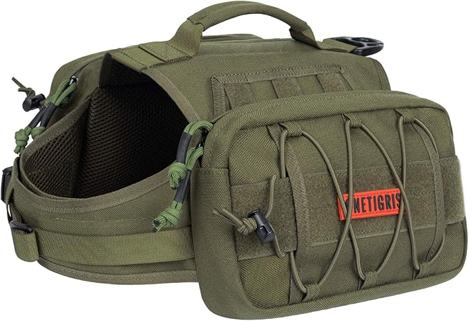 OneTigris Dog Backpack for Medium &amp; Large Dogs, Nylon Backpack for Dogs Tactical Pet Backpack with Side Pockets for Hiking Walking Training Running (Green, Large)