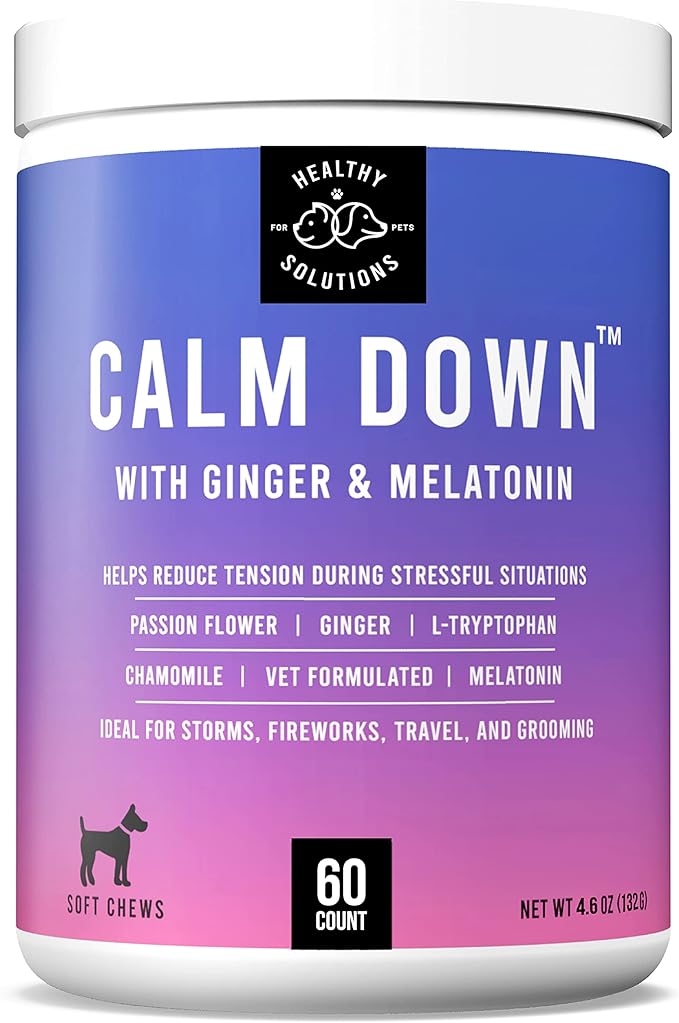 Calming Chews for Dogs - Dog Calming Treats for Anxiety &amp; Stress Relief with Melatonin and Ginger - Aid with Storms, Grooming, Fireworks, Separation, Travel, Motion Sickness, &amp; Sleep - 60 Soft Chews